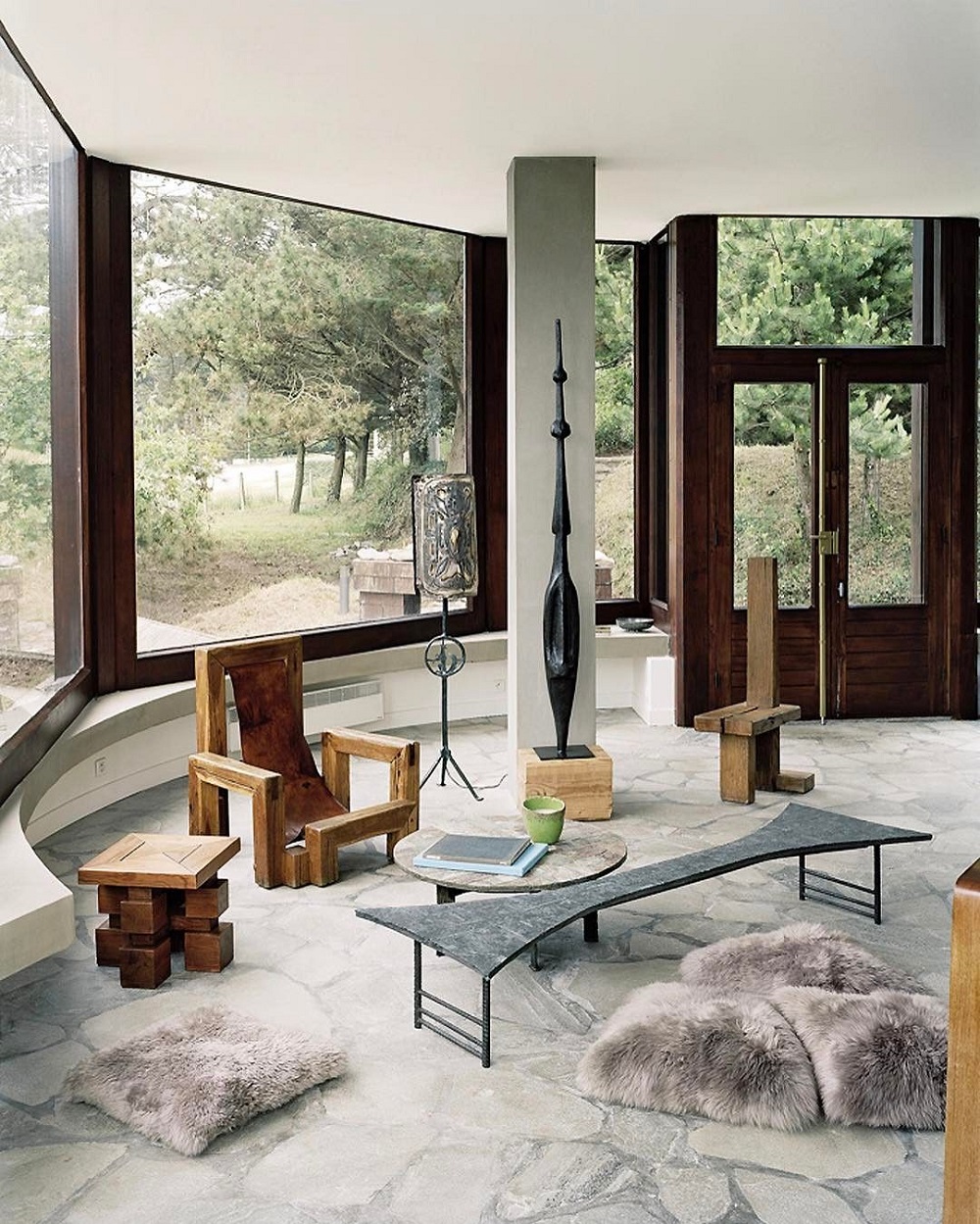 1970s Modernist Villa Of Yves Gastou in Sables d'Or les Pins. Chairs by Dominique Zimbacca, Tables by Pia Manu, Floor Lamp by Francois Thevenin, Bronze Totem by Francois Stahly