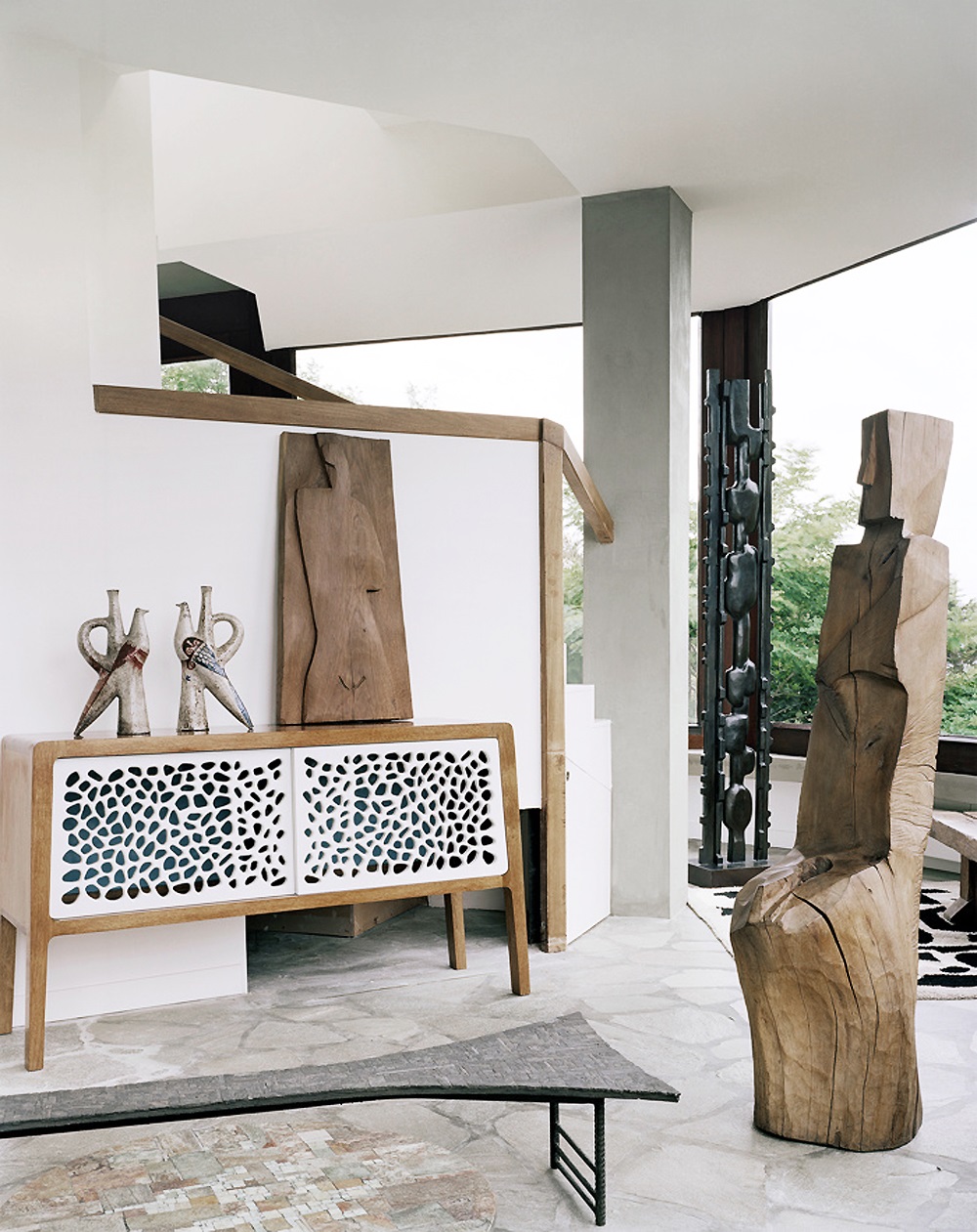 Coffee table by Pia Manu, Wooden Sculpture by Jean Touret, Bas-relief by Pierre Caruana, Ceramics by Jean Derval, Bronze totem by Francois Stahly