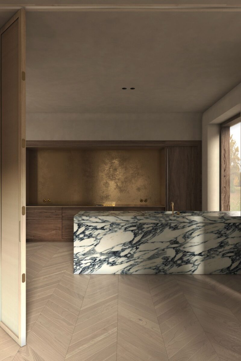 Arabescato Marble, Oak Wood & Brass: House in Winchester by Rina Lovko Studio